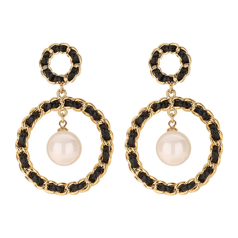 Elegant French Style Woven Leather Pearl Earrings