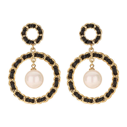 Elegant French Style Woven Leather Pearl Earrings