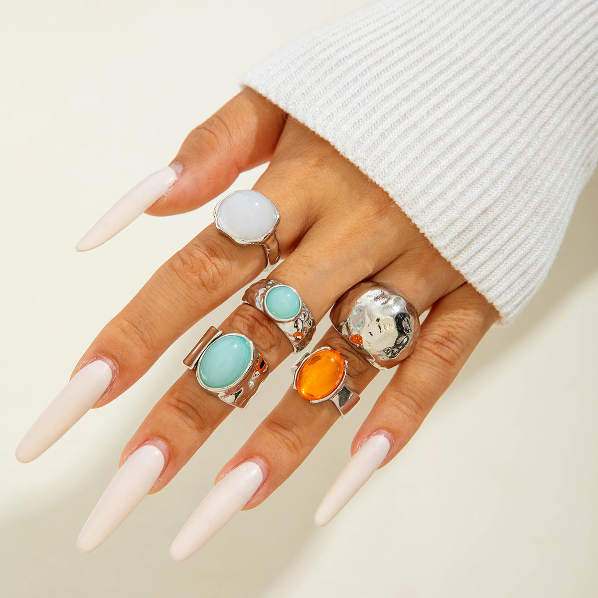 Retro Geometric Adjustable Ring Set With Gemstone Inlays