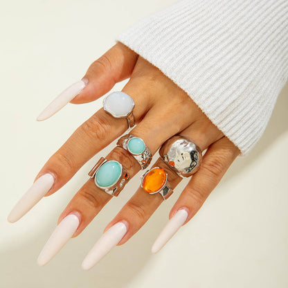 Retro Geometric Adjustable Ring Set With Gemstone Inlays