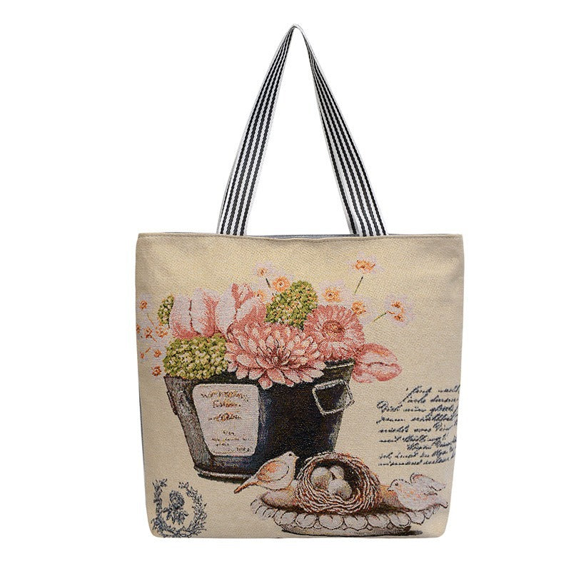 Large Capacity Tote Bag with Golden Embroidery Creative Pattern