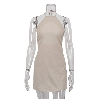 Backless Cotton Linen A-Line Dress with Halter Neck