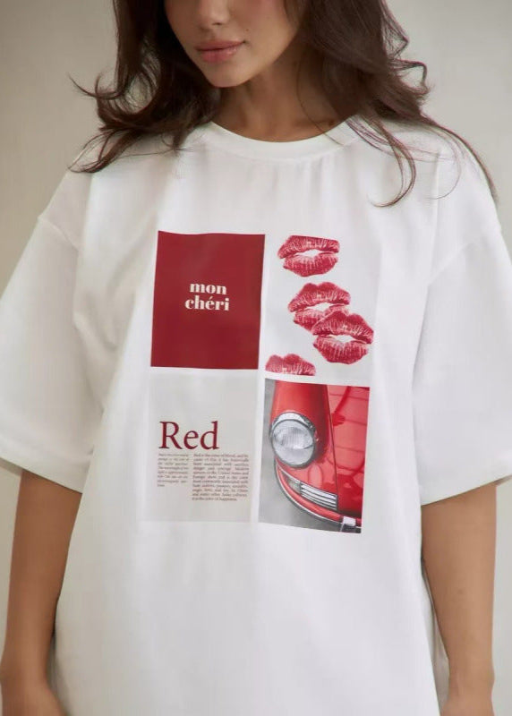 Oversized Cotton T Shirt with Lip Print