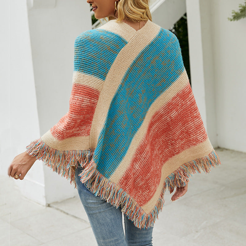 Contrast Stripe Knitted Cape Fringed Cape
