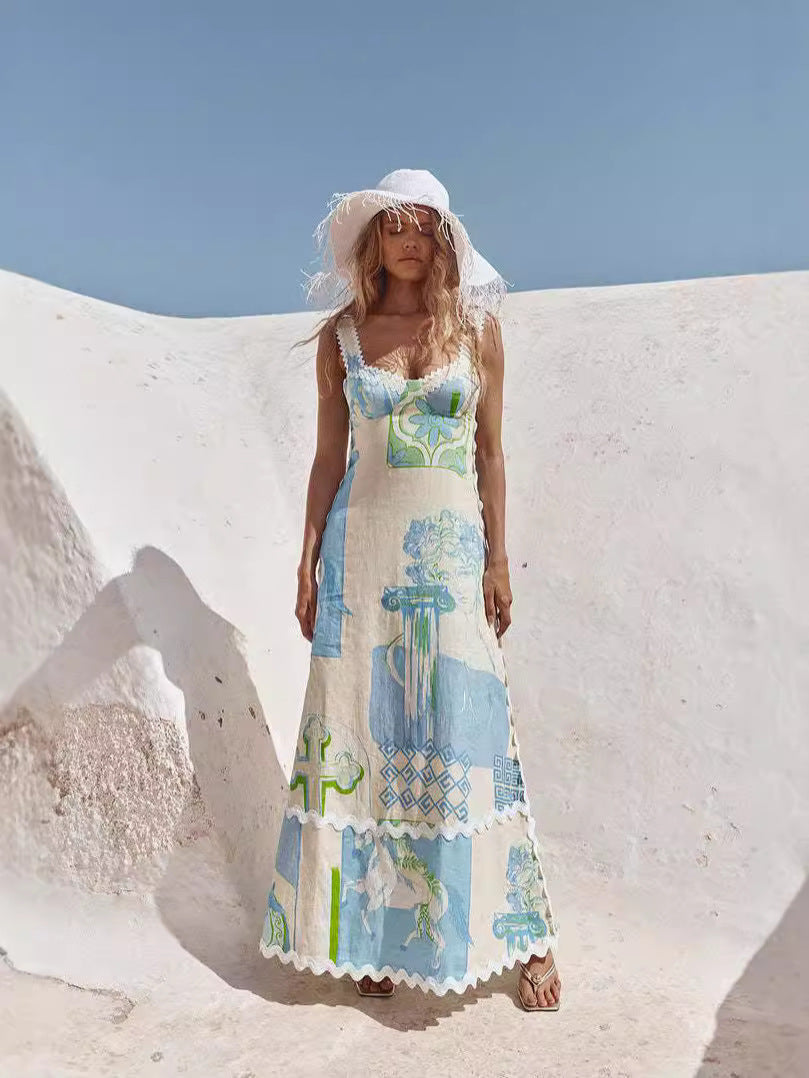 Floral Print Backless Bow Tie A-Line Dress