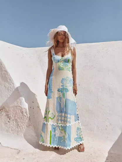Floral Print Backless Bow Tie A-Line Dress