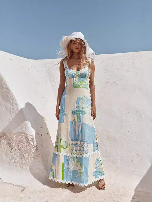 Floral Print Backless Bow Tie A-Line Dress