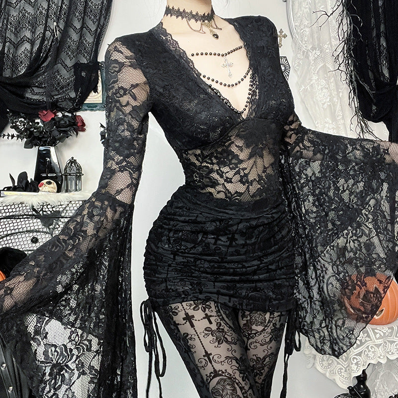 Black Lace V-Neck Top with Beaded Chain For Women
