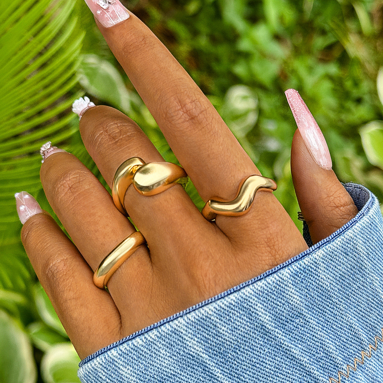 Geometric Metal Lava Line Open Ring Set - 4 Pieces