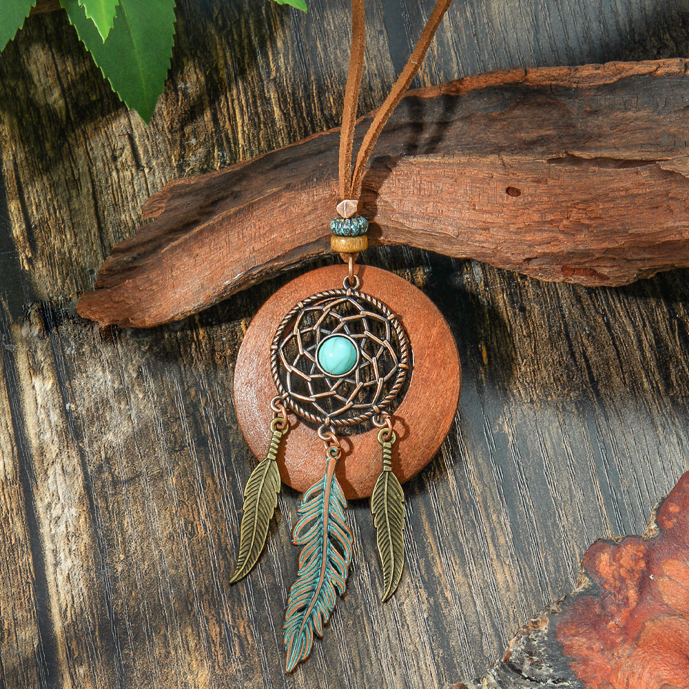 Bohemian Vintage Alloy Pendant Necklace With Spider Web Dreamcatcher