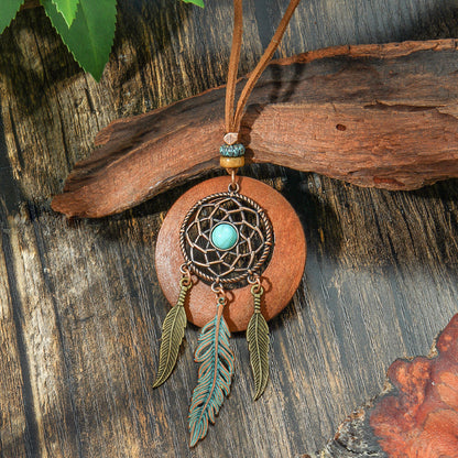 Bohemian Vintage Alloy Pendant Necklace With Spider Web Dreamcatcher
