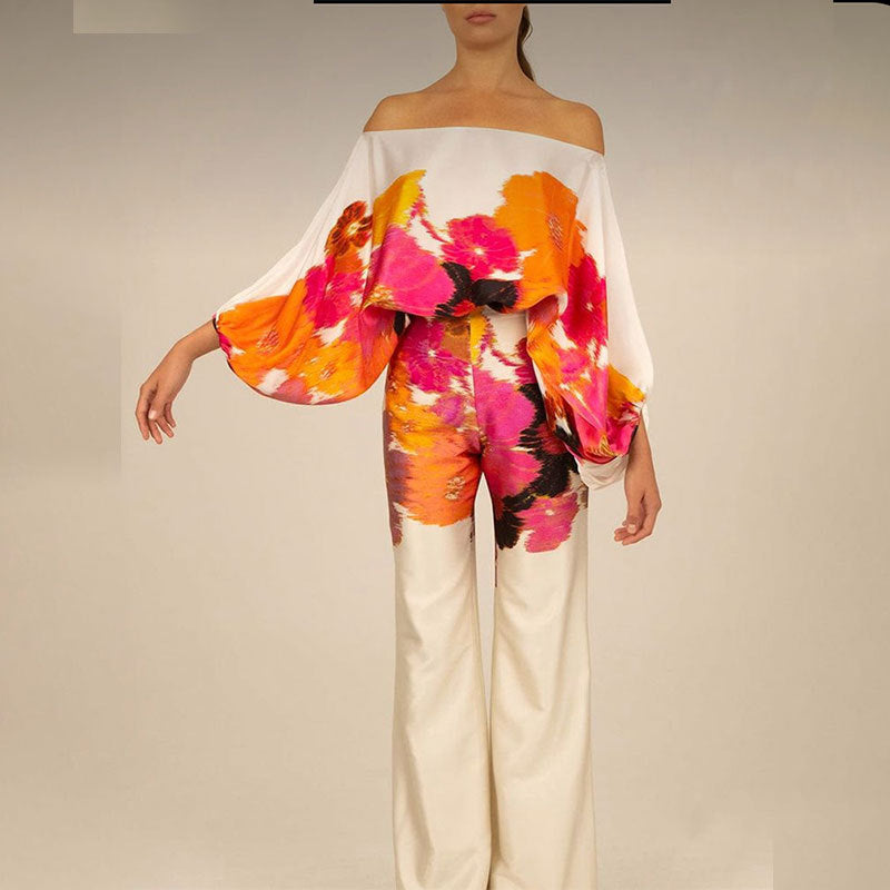 2025 Spring New Suit Printed Round Neck Loose Bat Sleeve Waist Wide Leg Pants Fashion Suit