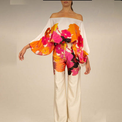Elegant Batwing Sleeve Printed Two-Piece Set