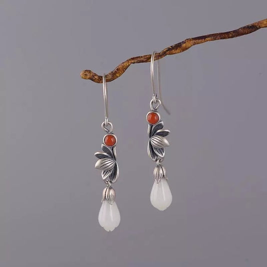 Cloisonne Earrings Female S925 Silver Retro Fashion Lotus Magnolia Flower Imitation Red Earrings