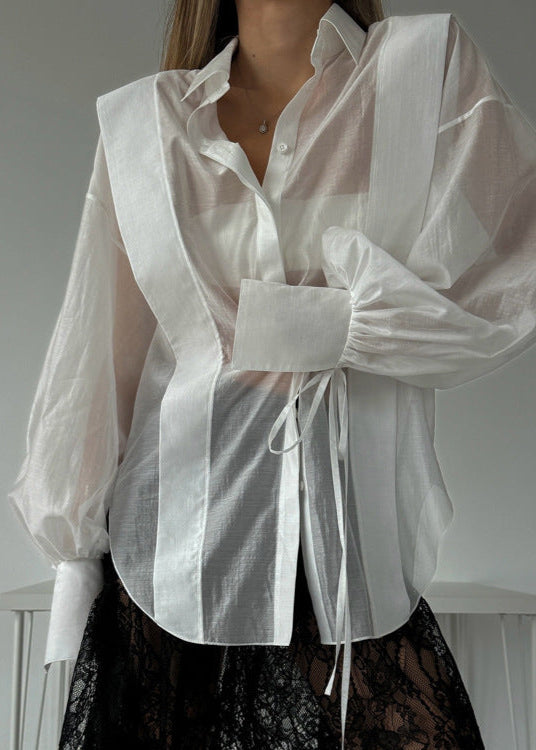 Oversized Cotton Blend Shirt with Ribbon Tie Sleeves