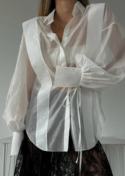 Oversized Cotton Blend Shirt with Ribbon Tie Sleeves