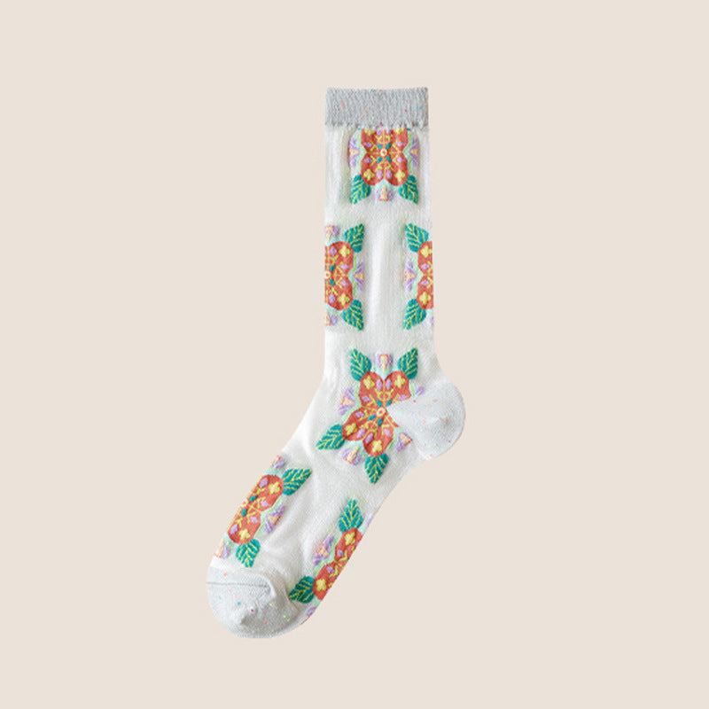 Rufia -  Embroidered Floral Pattern Sheer Socks