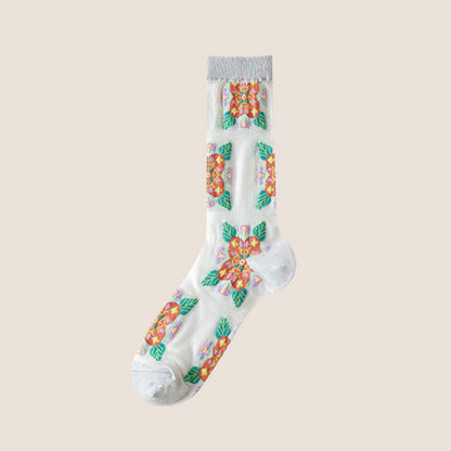 Rufia -  Embroidered Floral Pattern Sheer Socks