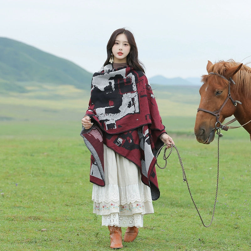 Tibetan Great Retro Totem Red Warm Outer Shawl Women'S Scarf Autumn And Winter Cloak Big Cloak