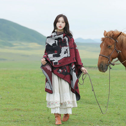 Tibetan Great Retro Totem Red Warm Outer Shawl Women'S Scarf Autumn And Winter Cloak Big Cloak