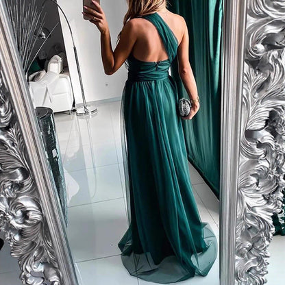Elegant Green Maxi Dress Sleeveless V-Neck Evening Gown
