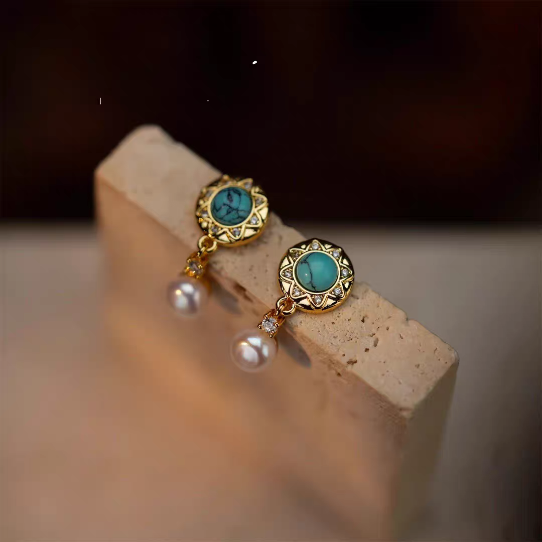 925 Silver Needle Turquoise Freshwater Pearl Earrings Women'S Premium Light Luxury Niche Design Retro Anti-Allergy Earrings