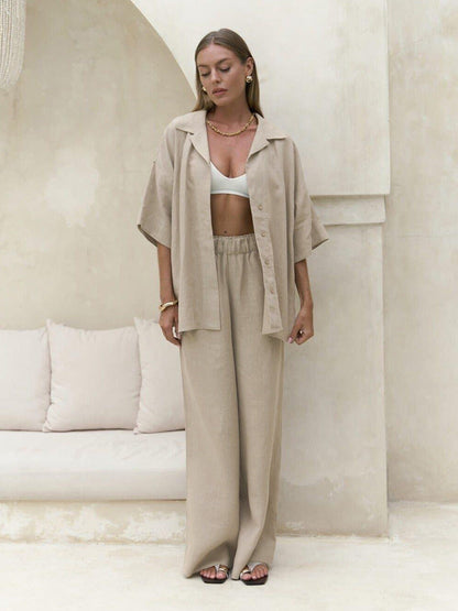 Cotton Casual Short Sleeve Top and Pants Set