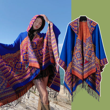 Ethnic Style New Split Shawl Women'S Cloak Scarf Thickened Warm Travel Coat Cloak