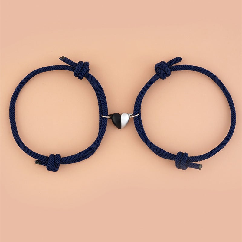 Fashionable Black And White Heart-Shaped Magnetic Buckle Milan Rope Braided Couples Girlfriends Bracelet Adjustable Bracelet