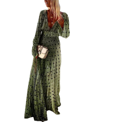 Fashionable Deep V Green Gradient Print Maxi Dress