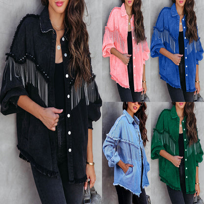 Street Fashion Studded Denim Jacket with Chain - Trendy Casual Outerwear