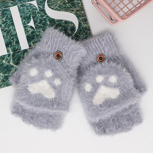 Cute Cat Paw Plush Fingerless Gloves Warm Knit Mittens