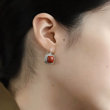 925 Silver Retro New Tibetan Square Earrings Hollow Women'S Curly Grass Pattern Women'S Old Earrings