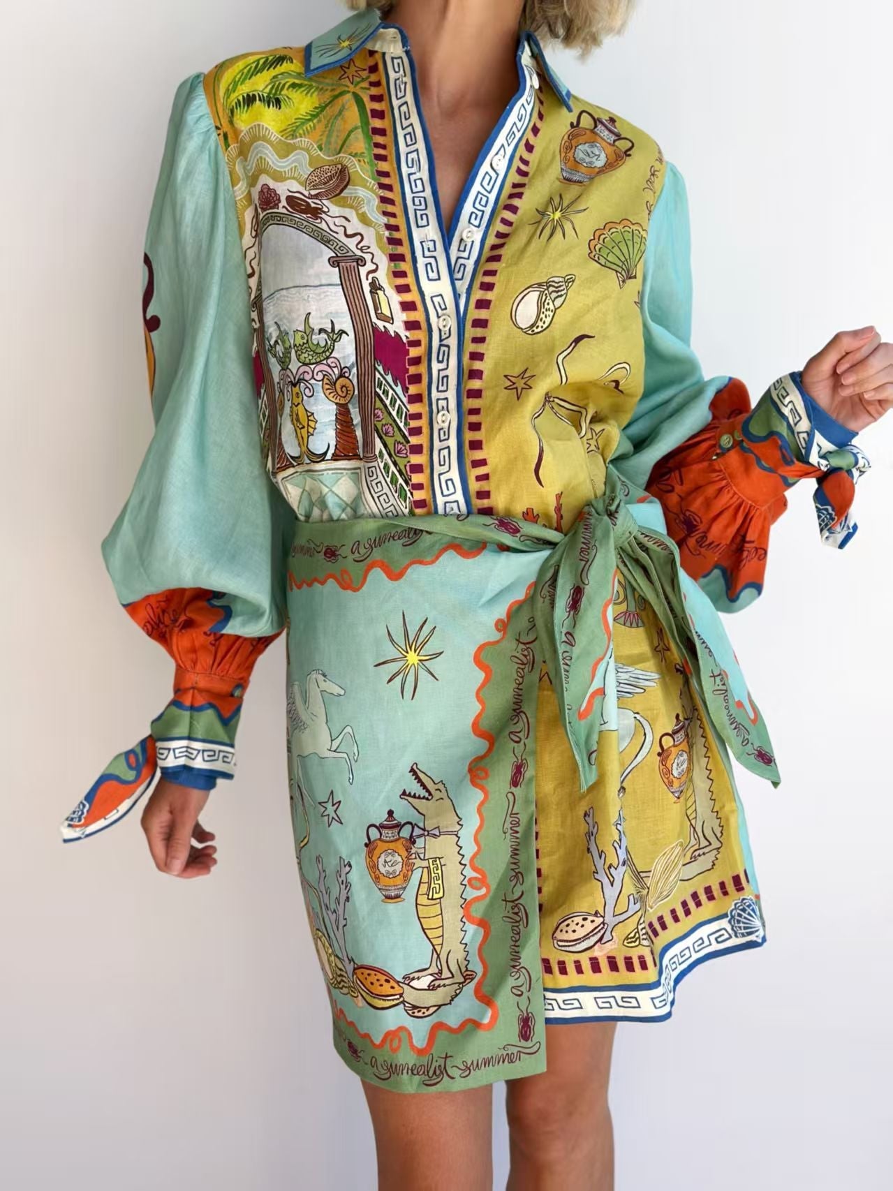 Elegant Animal Print Faux Two-Piece Linen Dress