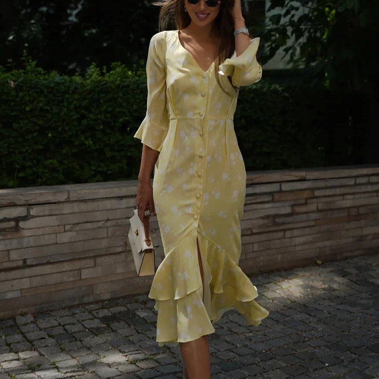 French Floral Print High Waist V-Neck Flare Sleeve Dress