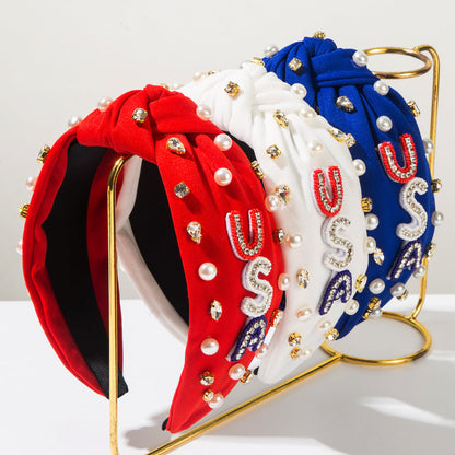 USA Flag Headband with Rhinestones and Pearls