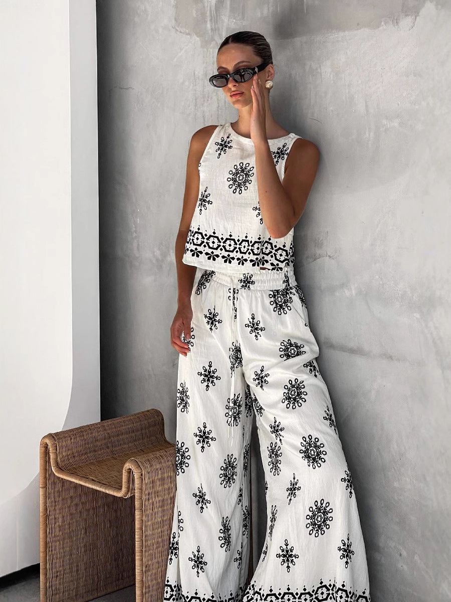 Elegant Floral Linen Waistcoat & Wide-Leg Trousers Set