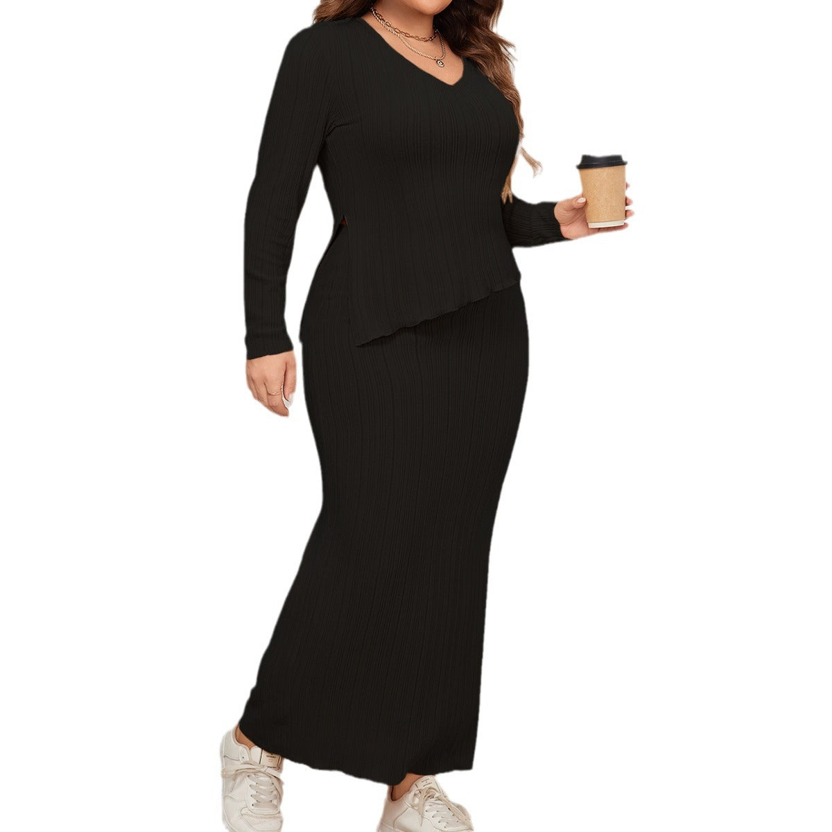 Plus Size Loose Fit Fashion Two-Piece Skirt Set With Long Sleeves