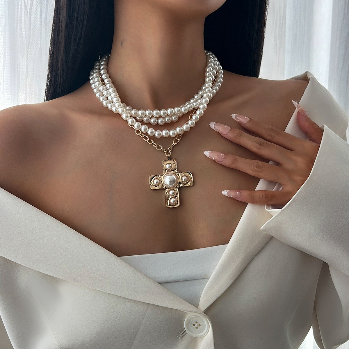 Liquid Metal Cross Pendant Necklace With Beads Elegant Fashion Jewelry