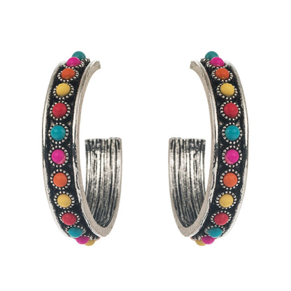 Exaggerated C-Shaped Earrings with Turquoise Accent