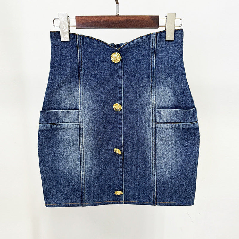 Trendy Tailored Double-Breasted Denim Blazer