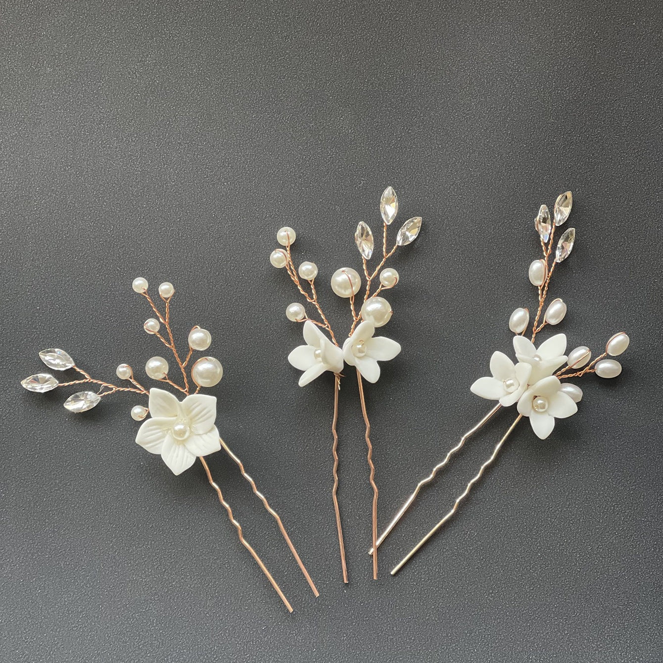 Bridal Wedding Hair Accessories Set of 3 White Floral U-Shaped Hair Pins