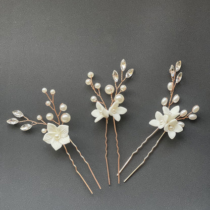 Bridal Wedding Hair Accessories Set of 3 White Floral U-Shaped Hair Pins