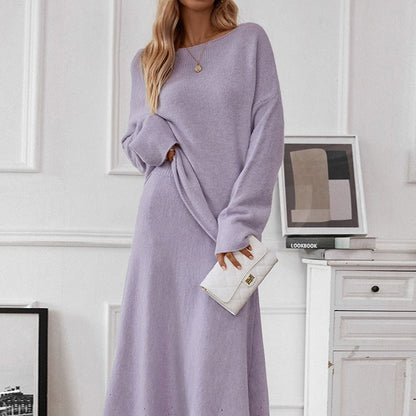 2 Pcs Fall Knit Loose Sweater Midi Skirt Set