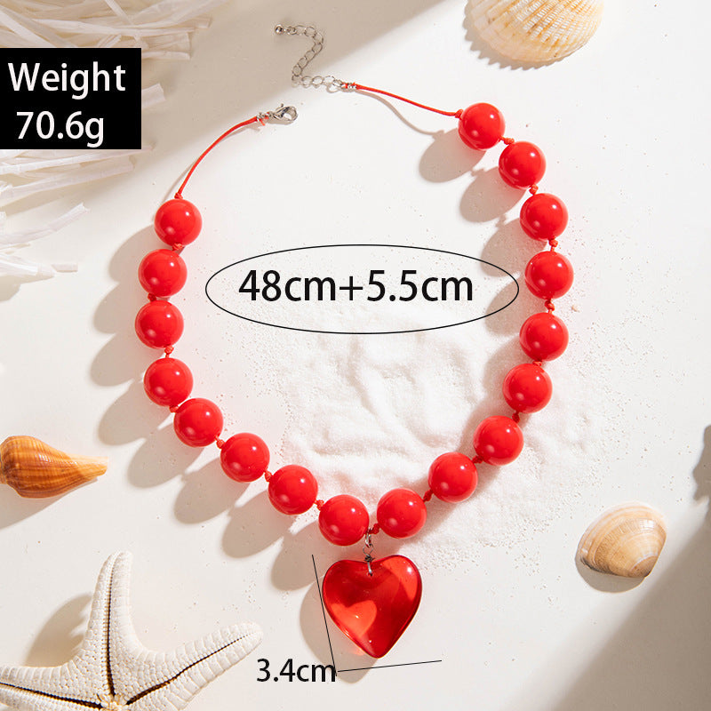 Personalized Chunky Bead Heart Pendant Necklace For Women