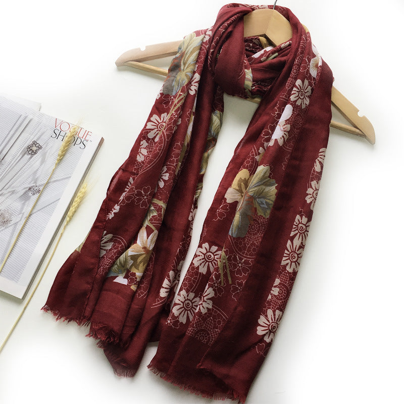 Spring And Autumn New Little Fresh Bali Yarn Flower Print Women'S European And American Popular Scarf Beach Scarf
