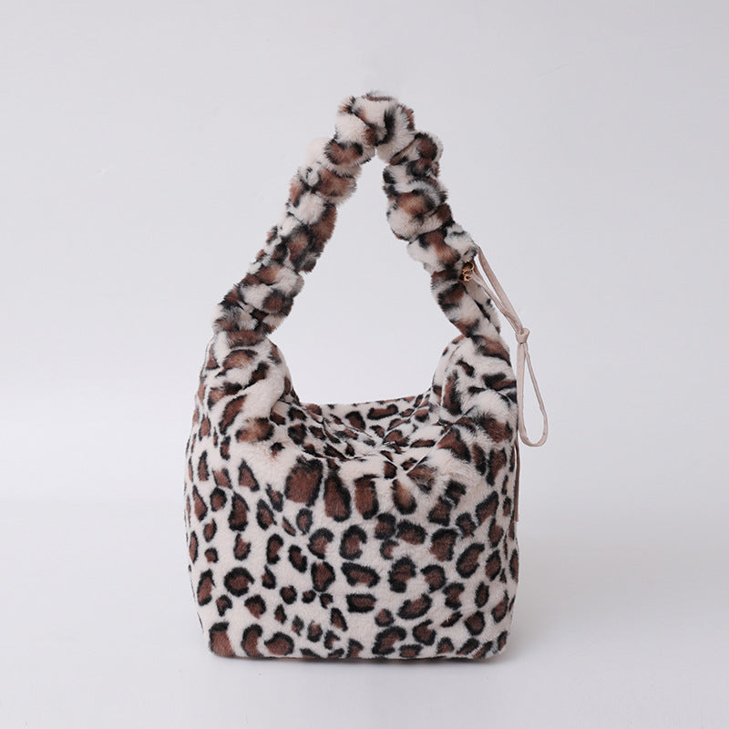 Retro Leopard Print Plush Shoulder Bag Large Capacity Crossbody Bag