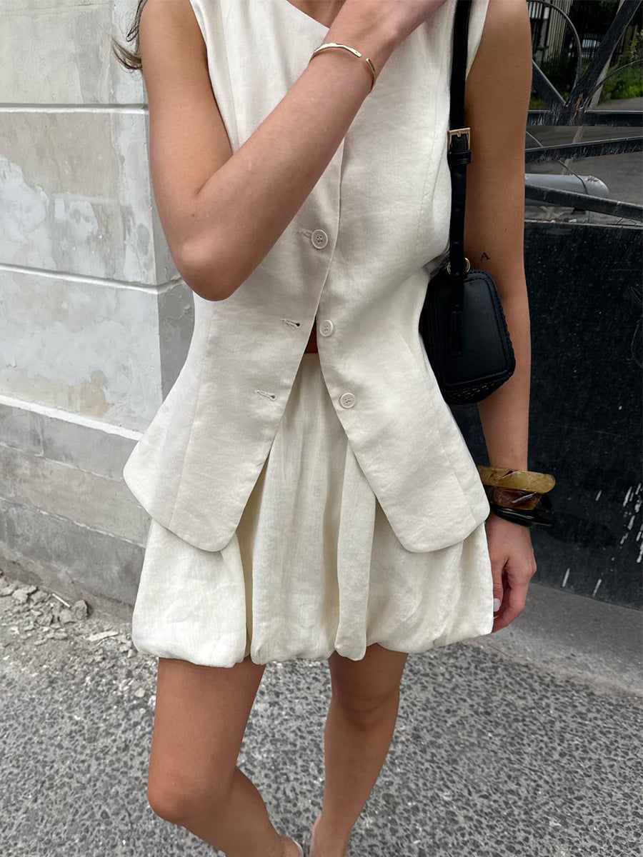 Chic Vest and Skirt Set Elegant Casual Cotton Outfit