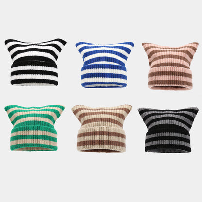 Winter Beanie Striped Color Contrast Warm Knit Hat