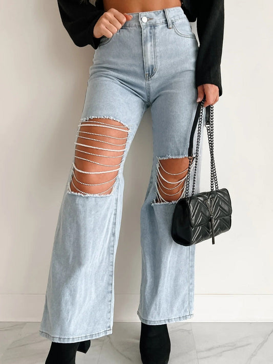 Distressed Chain Detail Straight Leg Women's Jeans
